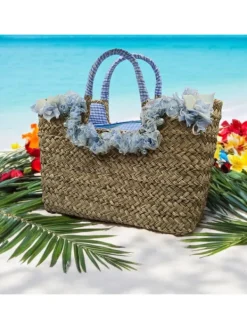 Kiara Shoes Borsa in Paglia con Fiori... Turchese