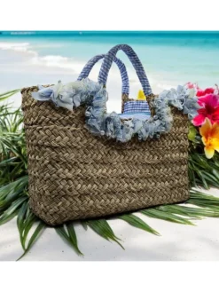Kiara Shoes Borsa in Paglia con Fiori... Turchese